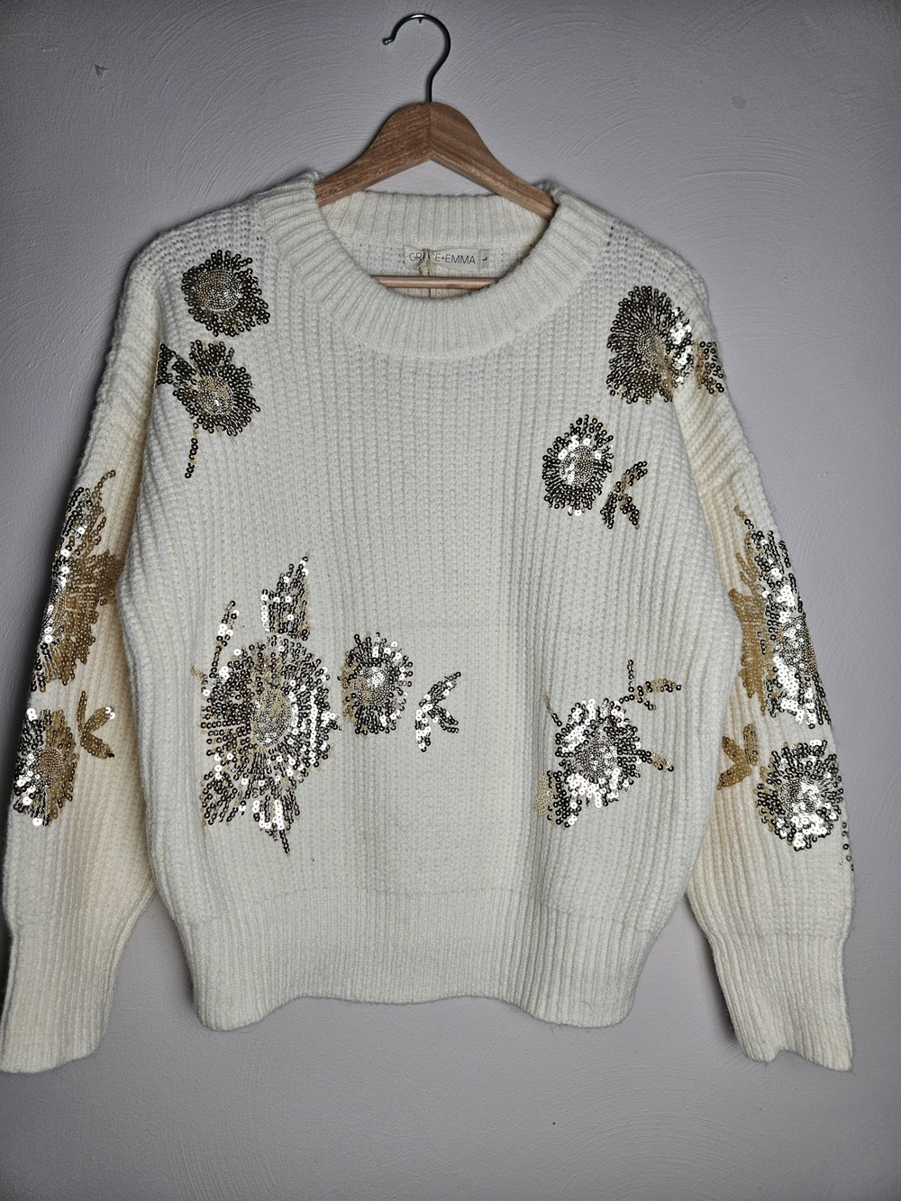 Club L Cream Sequin Floral Crewneck Sweater